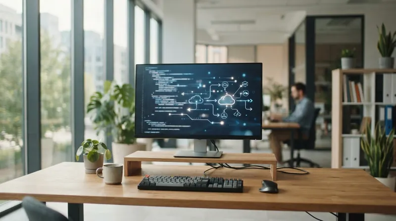A software developer's workstation with multiple monitors displaying code and a glowing robotic interface overlay.