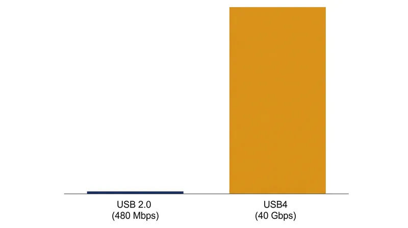Data bandwidth comparison between a charge-only USB 2.0 cable and a full-featured USB4 cable.