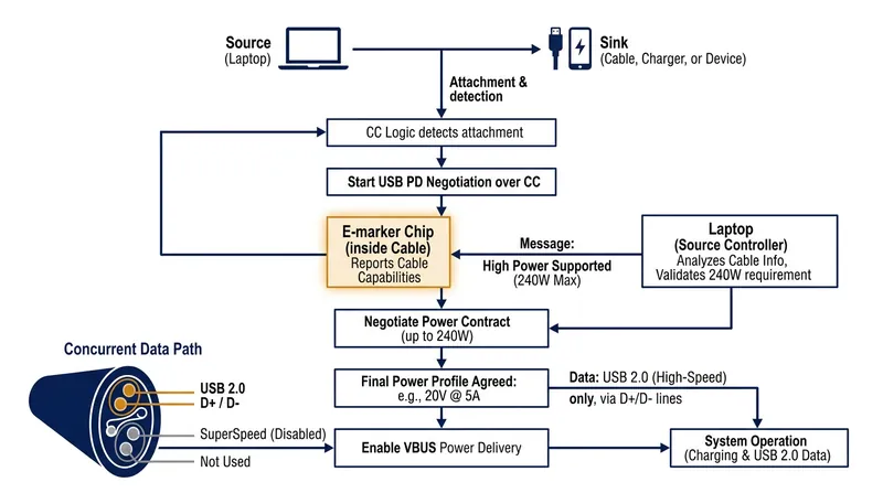 The e-marker chip negotiates power delivery over the CC pins but has no effect on the physical data wires.
