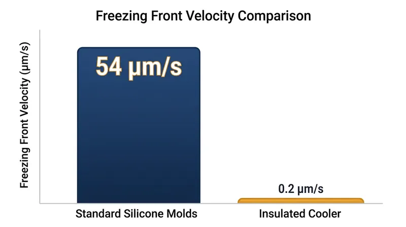 A slower freezing velocity allows dissolved gases sufficient time to diffuse away from the advancing ice lattice.