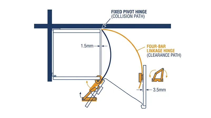 A fixed pivot requires a 3.5-millimeter gap to clear an adjacent door, while a four-bar linkage reduces this to 1.5 millimeters.