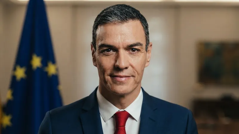 Spanish Prime Minister Pedro Sánchez speaking at a podium during a televised address from the Moncloa Palace.