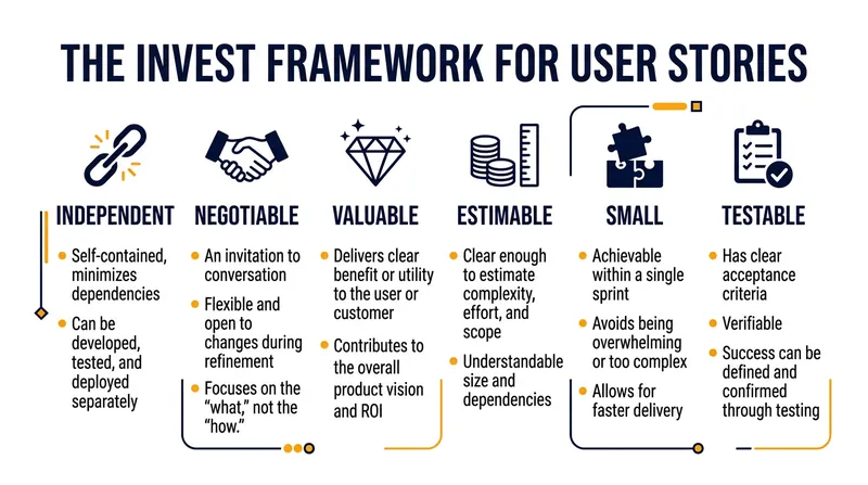 The INVEST criteria ensure that every split user story remains manageable and delivers independent business value.