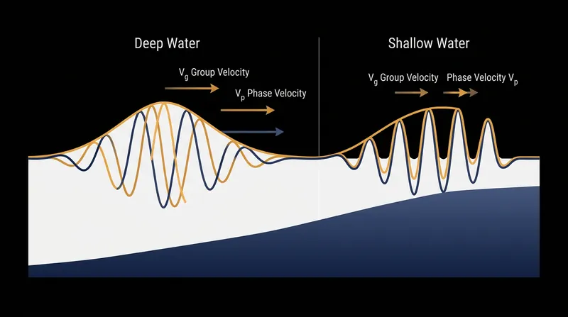 As waves enter shallow water, the ocean ceases to be a dispersive medium, and the wave crests stop outrunning their energy.