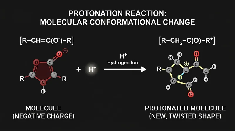 Protonation alters the three-dimensional structure of the thearubigin molecule, changing how it absorbs visible light.