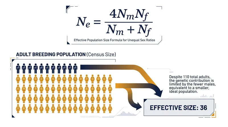 When breeding sex ratios are skewed, the genetic diversity of the population is bottlenecked by the rarer sex.