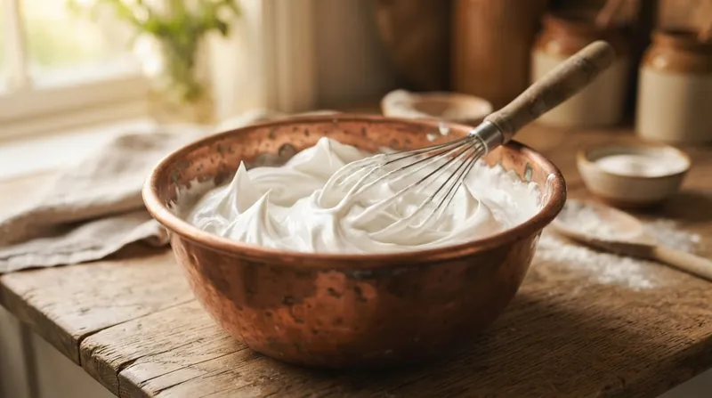 A gleaming unlined copper mixing bowl filled with glossy, stiff egg white meringue and a wire whisk.