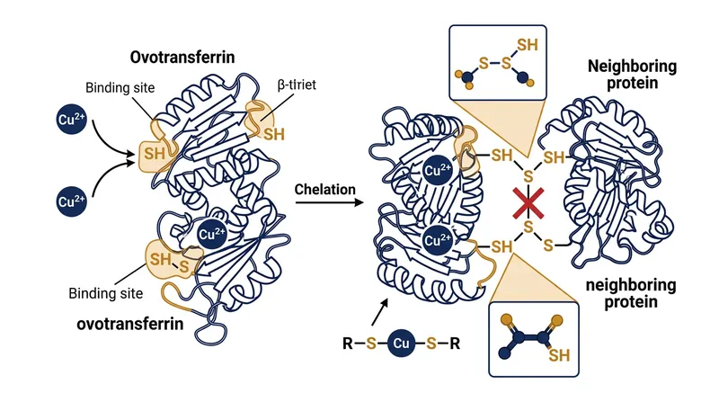 Each ovotransferrin molecule binds two copper ions, preventing the tight cross-linking that causes weeping.