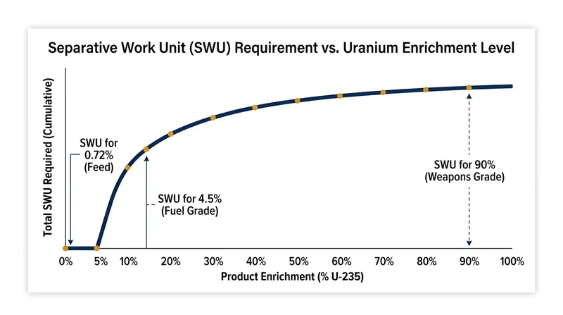 The SWU curve demonstrates that the vast majority of separative work occurs before uranium reaches 20 percent enrichment.