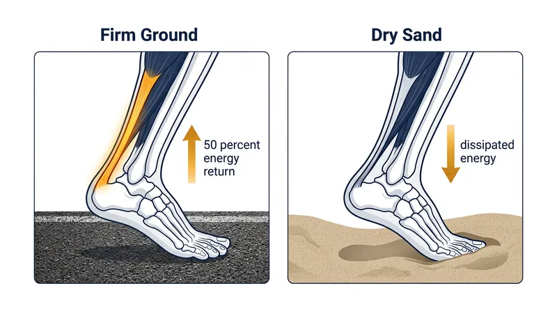 On firm ground, the Achilles tendon stores and releases up to 50 percent of the mechanical work required to run.
