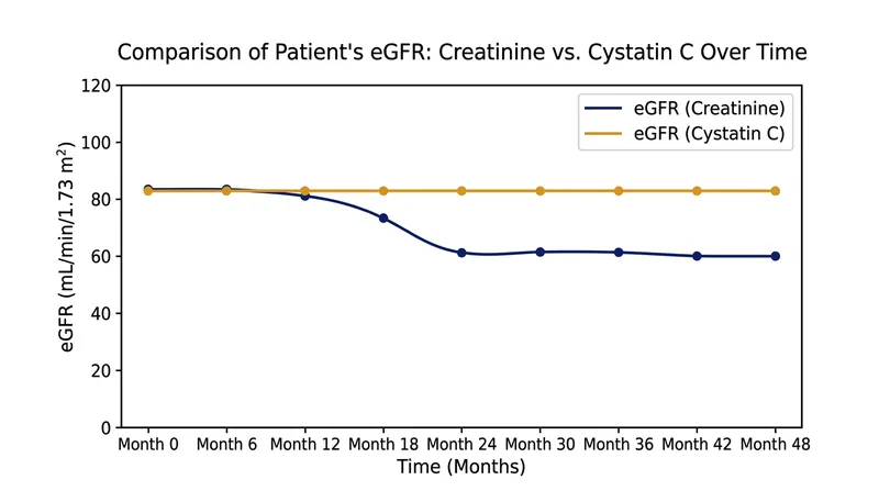 Creatine supplementation can artificially depress creatinine-based eGFR scores without affecting actual filtration.