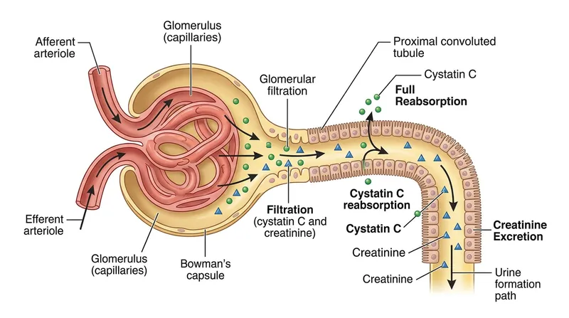 Cystatin C is filtered directly from the blood and fully reabsorbed, providing a clean measure of renal function.