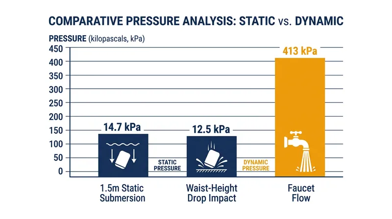 A standard household faucet exerts nearly 30 times the pressure of a 1.5-meter static submersion test.