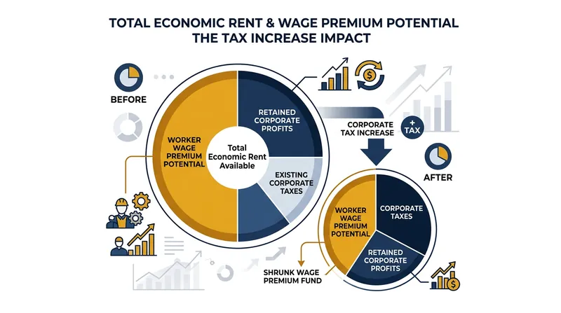 Higher corporate taxes shrink the pool of economic rents available for wage negotiations.