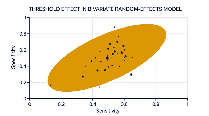 A bivariate confidence ellipse visually maps how much variation between studies is caused by differing clinical thresholds.