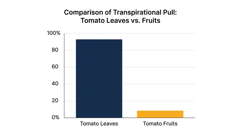 Broad leaves transpire heavily, hijacking the xylem stream and starving the developing fruit of calcium during heat stress.