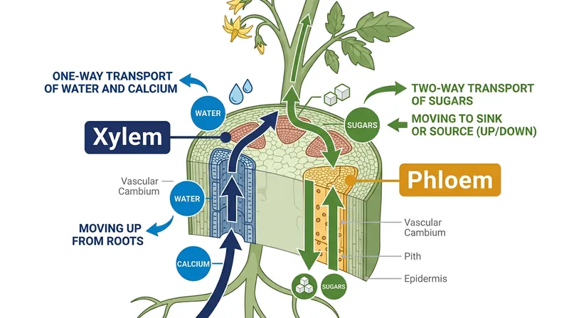Calcium travels exclusively upward through the xylem and cannot be redistributed via the phloem.