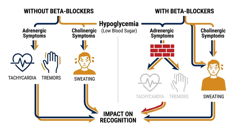 Beta-blockers silence adrenergic symptoms like tremors, but cholinergic sweating bypasses the blockade.