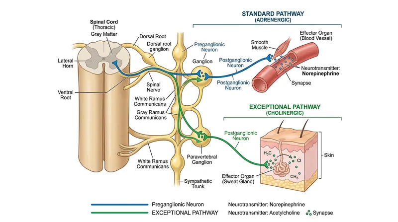 Unlike the rest of the sympathetic nervous system, the neurons innervating eccrine sweat glands release acetylcholine.