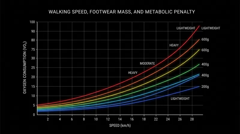 As walking speed increases, the metabolic penalty of heavy footwear grows exponentially.