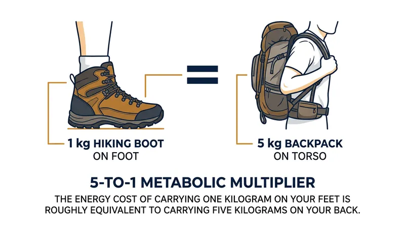 Carrying one kilogram on the feet requires the same metabolic energy as carrying five kilograms on the torso.
