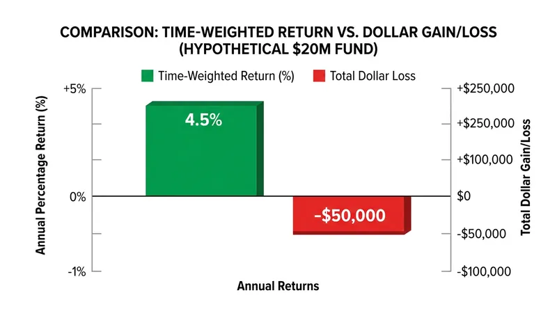 Time-weighted formulas can produce a positive percentage yield even when the total pool of capital suffers a net dollar loss.