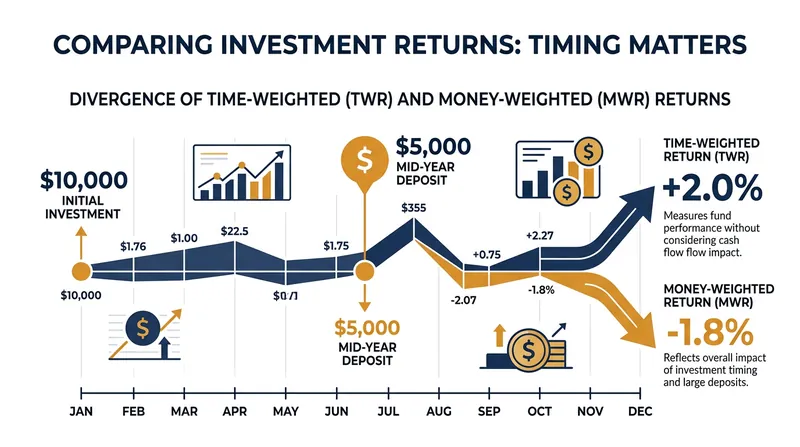 A single mid-year deposit can invert a positive fund return into a negative personal return.