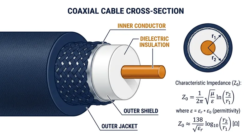 Characteristic impedance is determined by the ratio of the outer shield's inner diameter to the inner conductor's outer diameter.