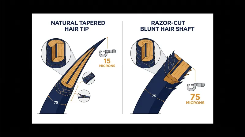 A natural hair tapers to a fine point, while a shaved hair presents a wide, flat plateau.