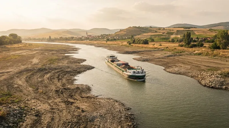 Aerial view of a severely depleted European river with wide dry banks and a cargo barge navigating a narrow, shallow central channel.