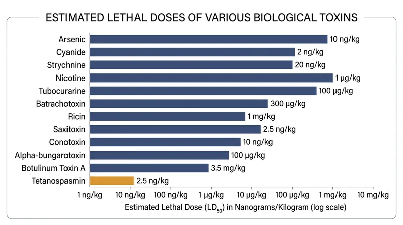 Tetanospasmin is one of the most potent biological neurotoxins known, requiring only microscopic amounts to cause severe neurological blockade.