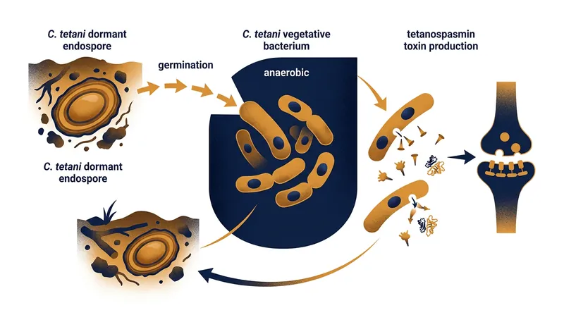 Clostridium tetani spores remain dormant in oxygen-rich environments but germinate when introduced to anoxic conditions.