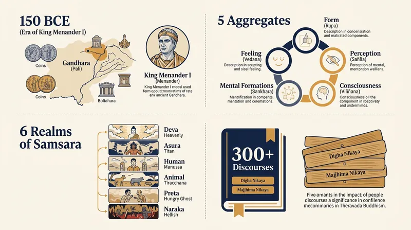 Key figures in the classical Buddhist framework of rebirth and identity.