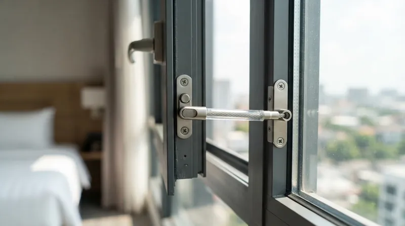 Illustration: Window Opening Control Devices utilize flexible cables or spring-loaded arms to arrest the sash.