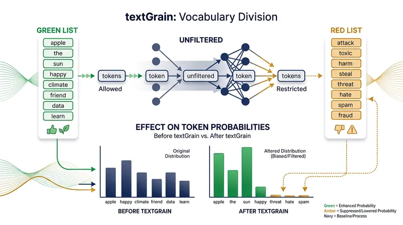 The watermarking system artificially boosts the probability of selecting 'green-listed' tokens during generation.