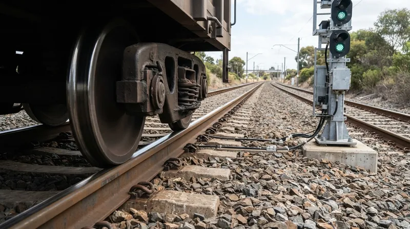 Illustration: A train's steel wheels and axles create a massive short circuit, starving the relay of current and turning the signal red.