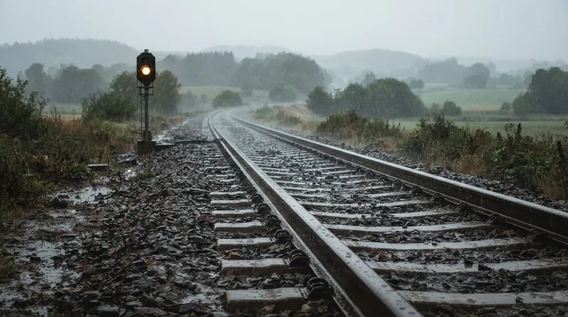 Illustration: Heavy rain and mud can lower ballast resistance, causing the track current to leak into the ground and trigger a safe but disruptive stop signal.