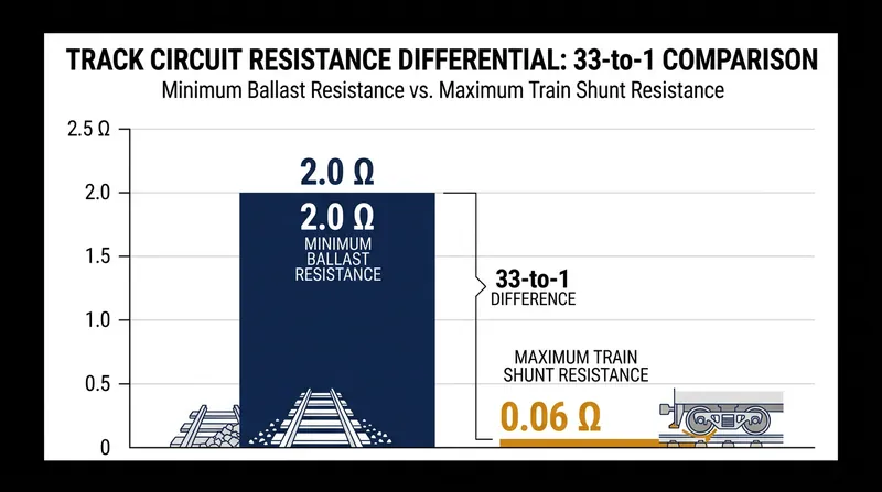 The fail-safe margin relies on the train providing a significantly easier electrical path than the surrounding ground.