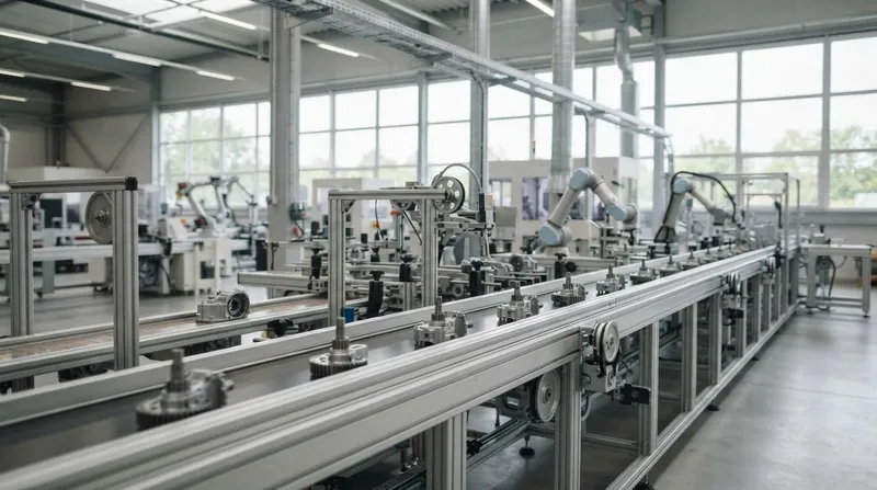 A wide view of a modern manufacturing facility with active assembly lines and overhead digital performance dashboards.