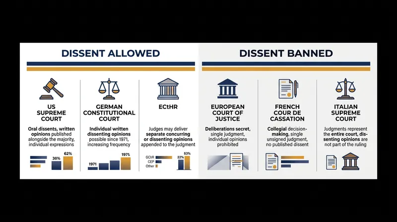 Civil law apex courts frequently ban dissenting opinions, while common law systems and certain constitutional courts permit them.
