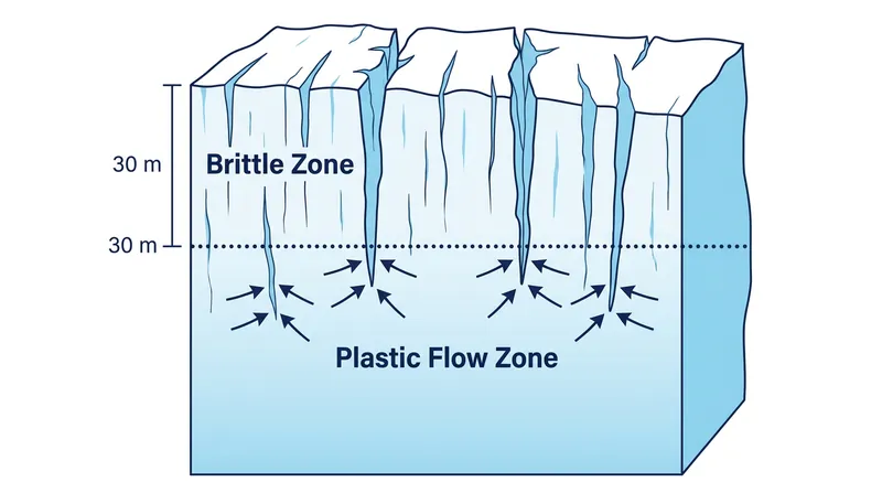 Lithostatic pressure overtakes tensile stress at approximately 30 meters, forcing the ice to heal itself.