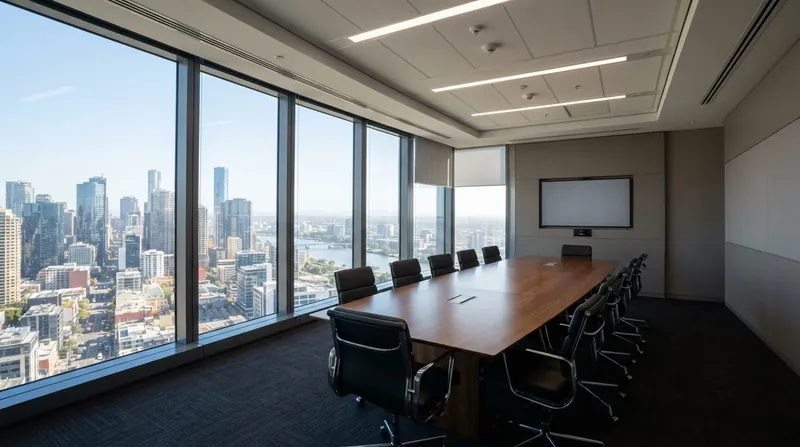 A modern venture capital boardroom with a glass table and financial documents under bright natural lighting.