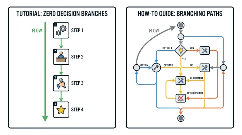 Tutorials prescribe a single linear path, while how-to guides accommodate decision branches.