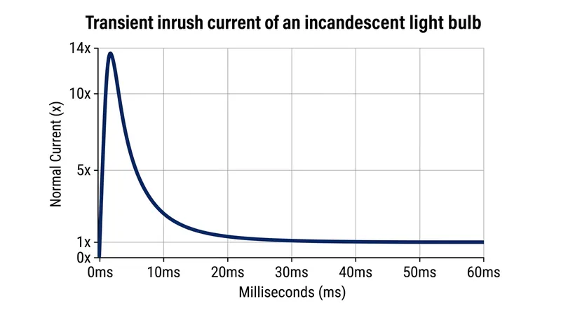 The inrush current spikes to fourteen times its normal level before the filament heats up enough to resist the flow.
