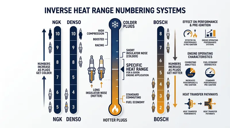 Heat range numbering systems are not universal across spark plug manufacturers.