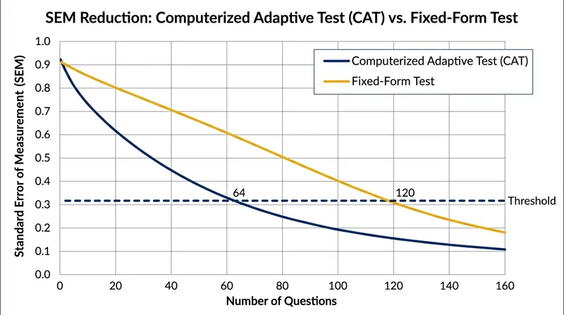 Adaptive routing reaches the required statistical confidence threshold in roughly half the questions required by a fixed-form test.