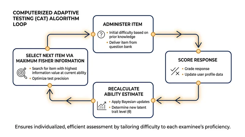 The core loop of an adaptive test continuously recalculates the candidate's proficiency to select the next optimal question.