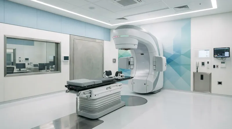 A modern, brightly lit radiotherapy treatment room featuring a state-of-the-art linear accelerator machine.
