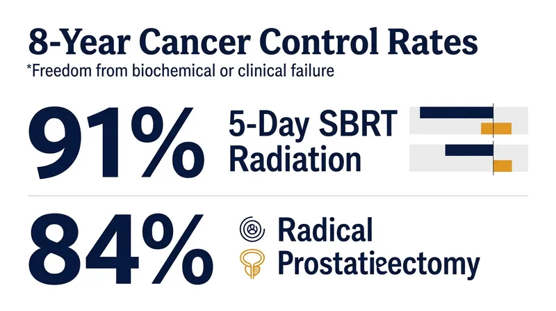 After eight years, the five-day radiation regimen matched the oncological control of surgical prostate removal.