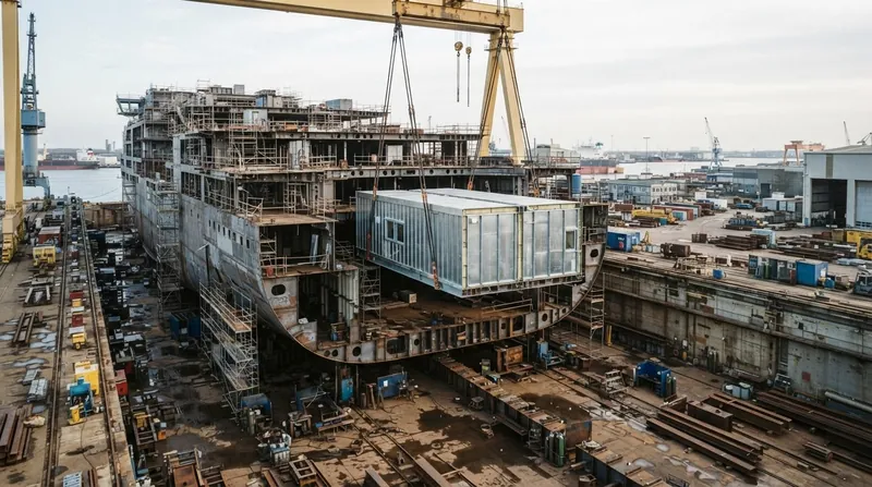 Illustration: Prefabricated cabin pods are built off-site and hoisted into the ship's hull by massive shipyard cranes.